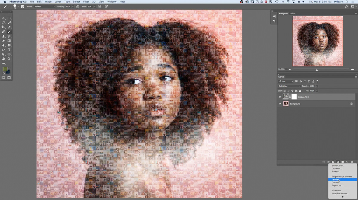 Levels adjustment panel open and clipped to the pattern fill layer, with the histogram sliders being adjusted