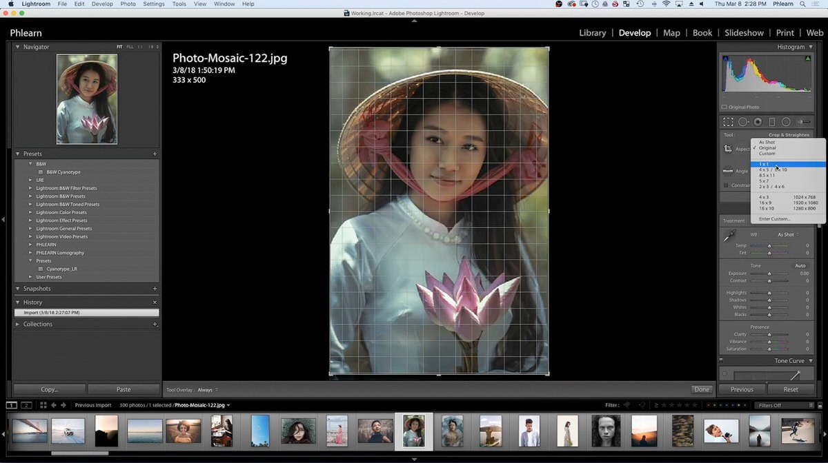 Lightroom's Develop module with the square crop grid positioned over a portrait for manual adjustment