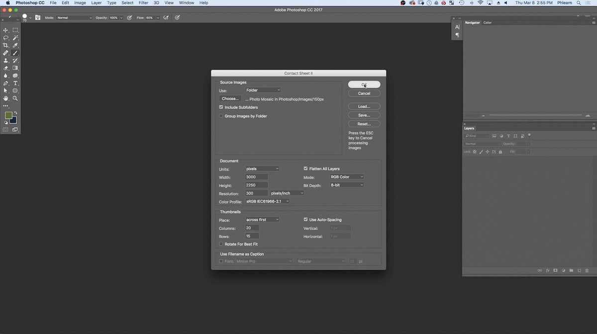 Photoshop's Edit menu open above the finished photo mosaic contact sheet, before defining it as a pattern