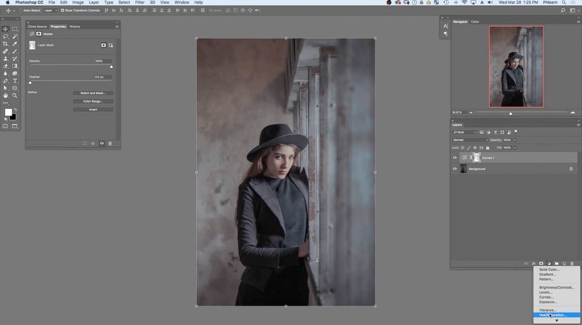 The Hue/Saturation adjustment panel open, with the Saturation slider raised and its layer mask matching the shape copied from the Curves layer