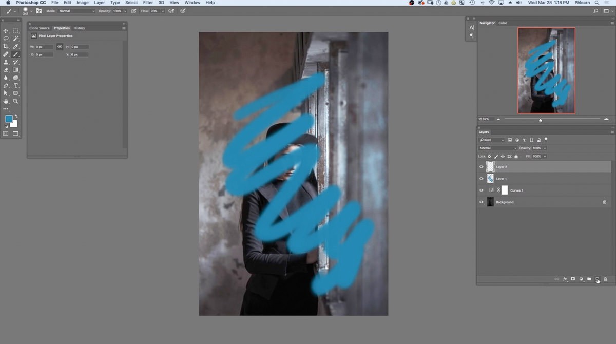 Photoshop's Image menu open above the blue scribble test layer, with Apply Image highlighted