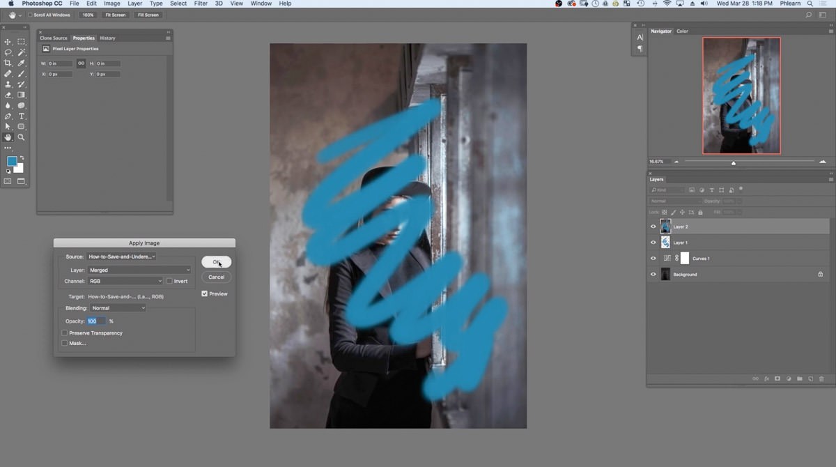 Before and after thumbnails comparing the blue scribble test layer to the flattened image Apply Image placed onto it