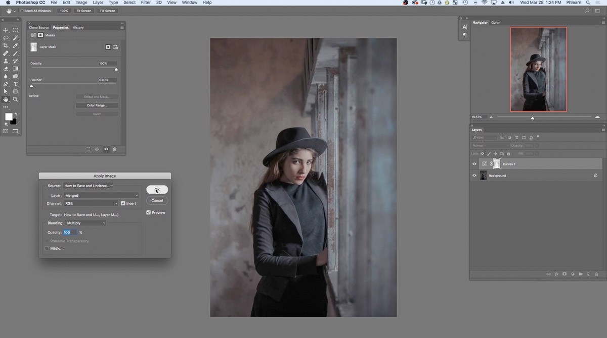 A grayscale view of the inverted layer mask, showing it bright in the shadow regions of the portrait and dark everywhere else