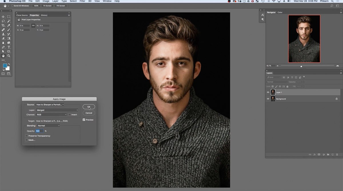 The Apply Image dialog with Layer set to Merged and Blending set to Normal, stamping the image onto the new layer