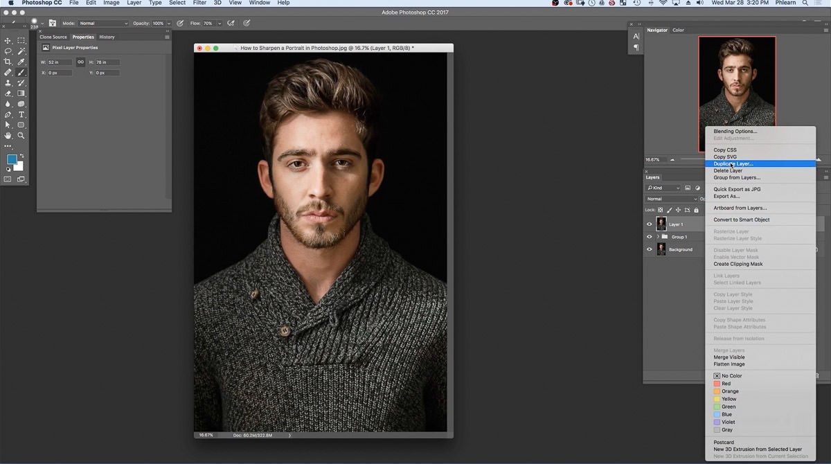 Right-click menu on the stamped layer with Duplicate Layer highlighted, to copy the finished image into a new file