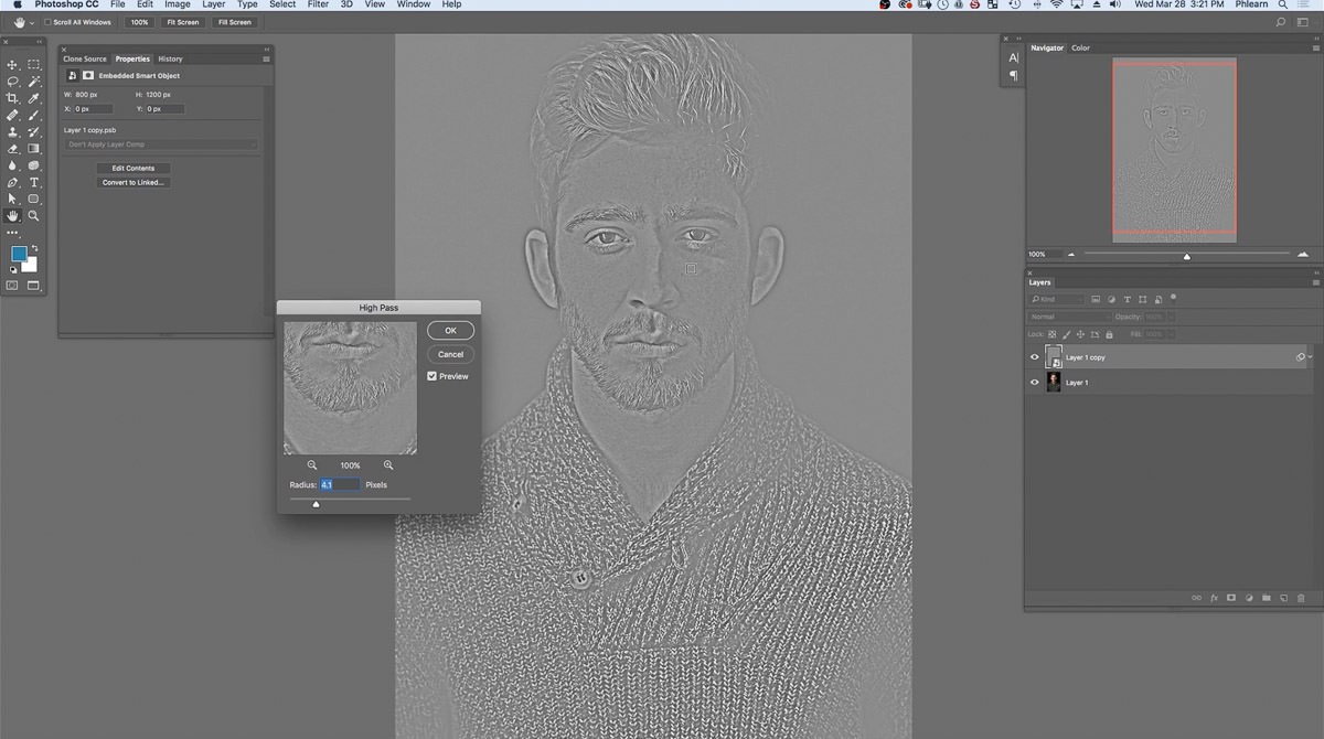 The High Pass dialog on the resized file at a Radius of about 4 pixels, previewed at 100 percent over the beard