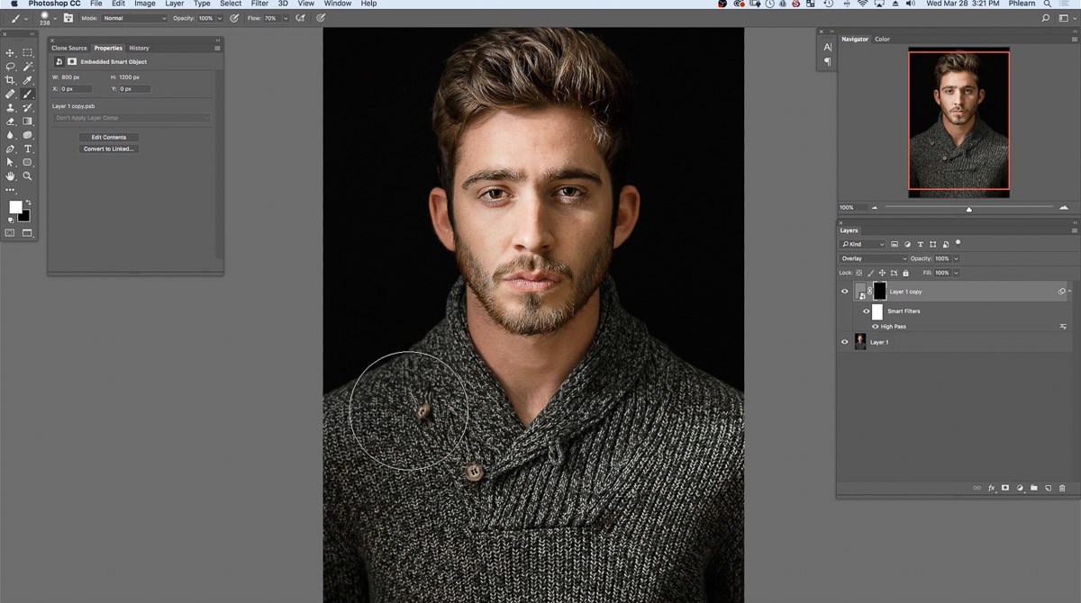 Painting white with a large brush on the resized file's black-filled mask to bring sharpening back to the sweater