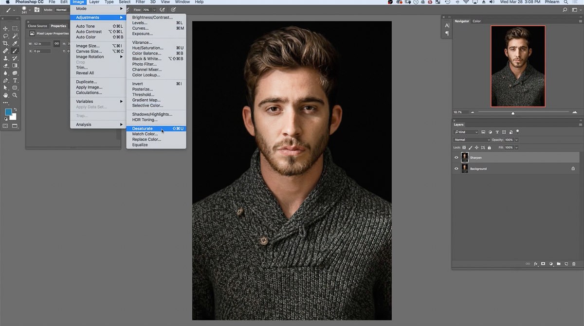 The Image menu's Adjustments submenu open with Desaturate highlighted, applied to the new Sharpen layer
