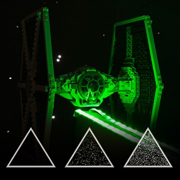 Three triangle graphics showing increasing amounts of sparkle/noise to illustrate ISO grain levels, example for understanding ISO with Star Wars LEGO