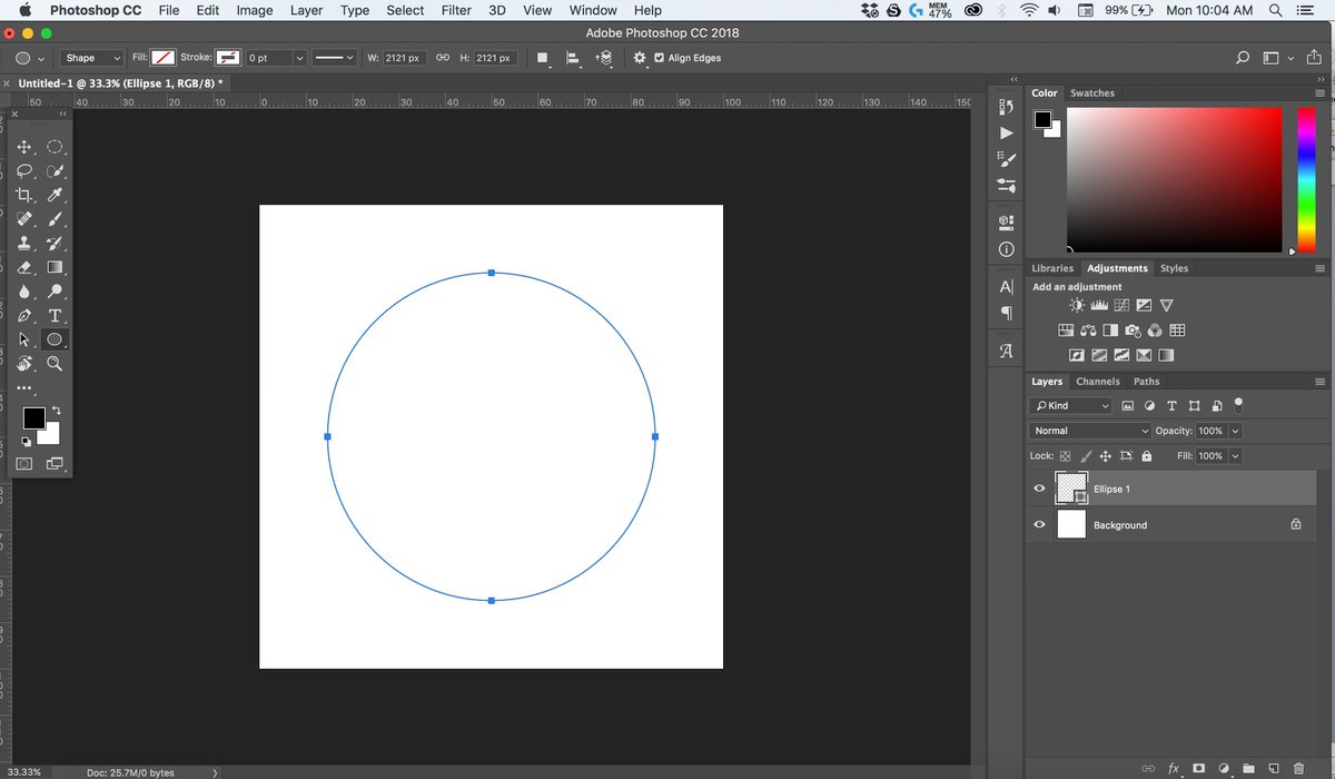 Photoshop screenshot showing a plain circle outline on a white canvas