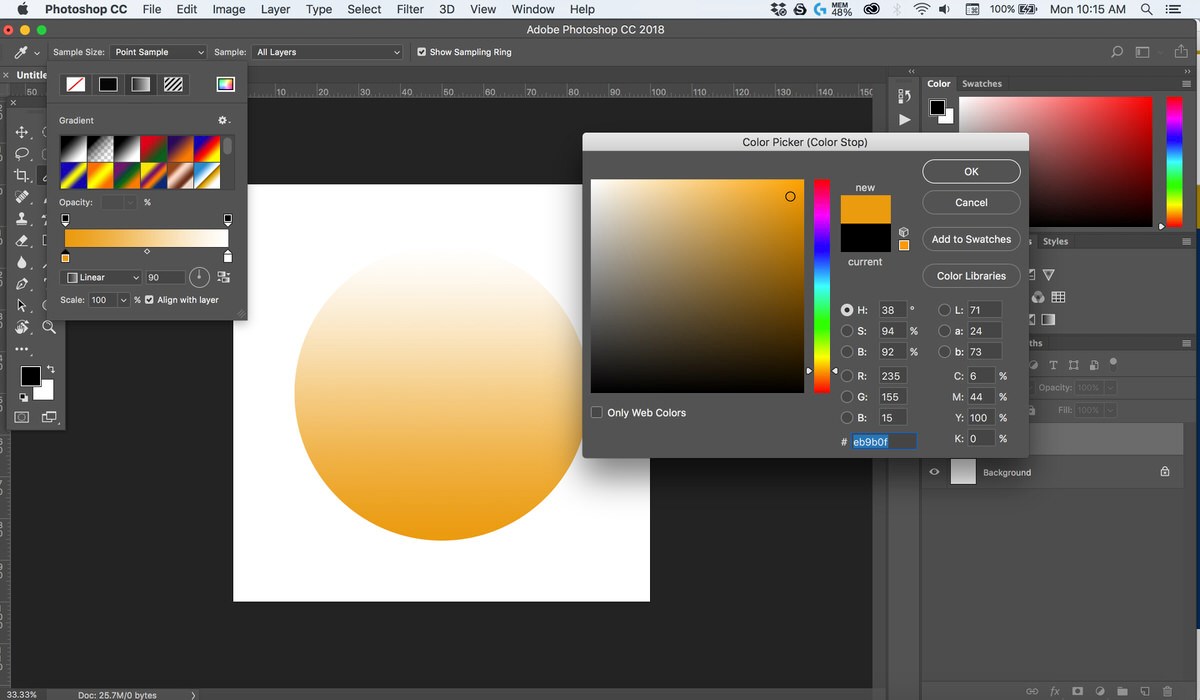 Photoshop screenshot showing an orange gradient-filled circle with the Gradient panel open