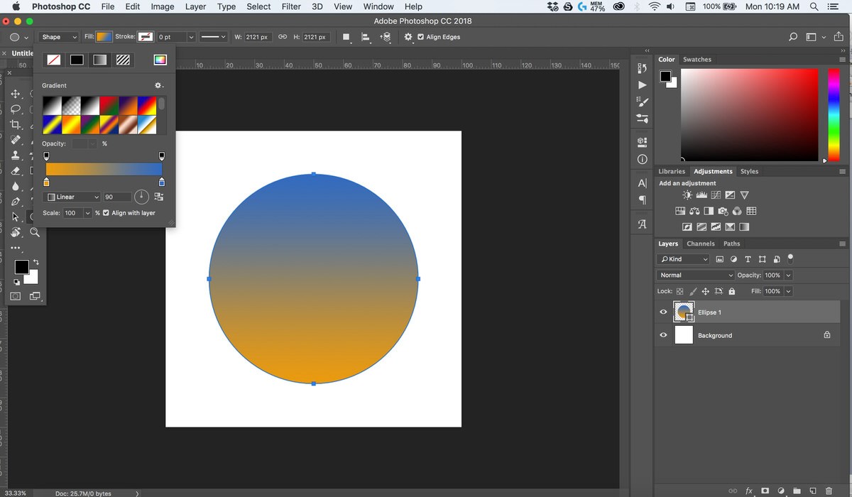 Photoshop screenshot showing a blue-to-orange gradient-filled circle on a white canvas