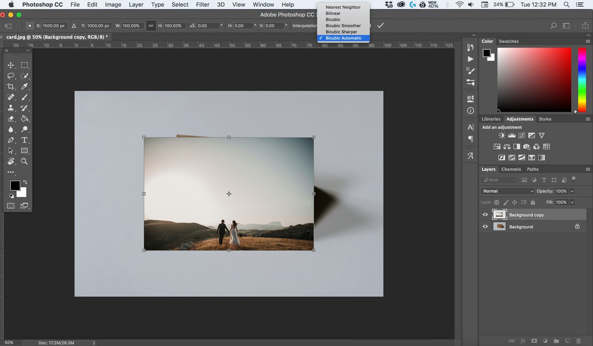 Photoshop screenshot showing the field photo scaled down and pasted as a layer onto a card mockup