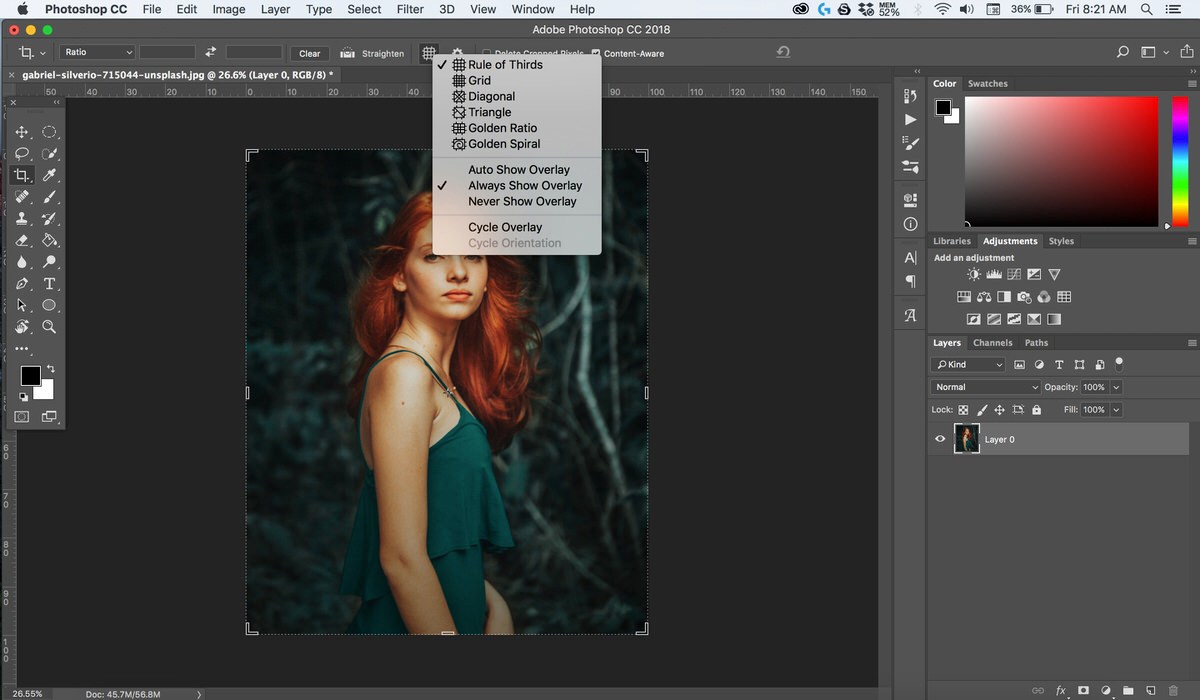 Photoshop screenshot with the Image menu open over a portrait photo, showing canvas and image size options