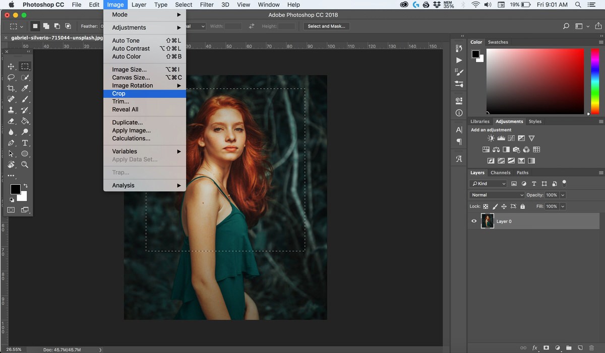 Photoshop screenshot with the File menu open, showing Save As and export options over a portrait photo