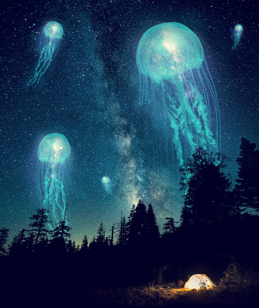 The finished surreal jellyfish-in-the-sky composite created in this tutorial