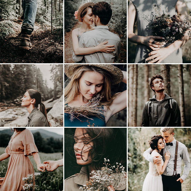 Nine-photo grid of moody film-noir style portraits with desaturated dark tones, including a couple and a woman holding flowers, Film Noir Lightroom presets sample thumbnail