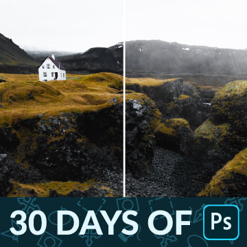 Before-and-after of a white house on a grassy Icelandic hillside, color on the left versus a black-and-white brush-tool edit on the right, 30 Days of Photoshop Day 9