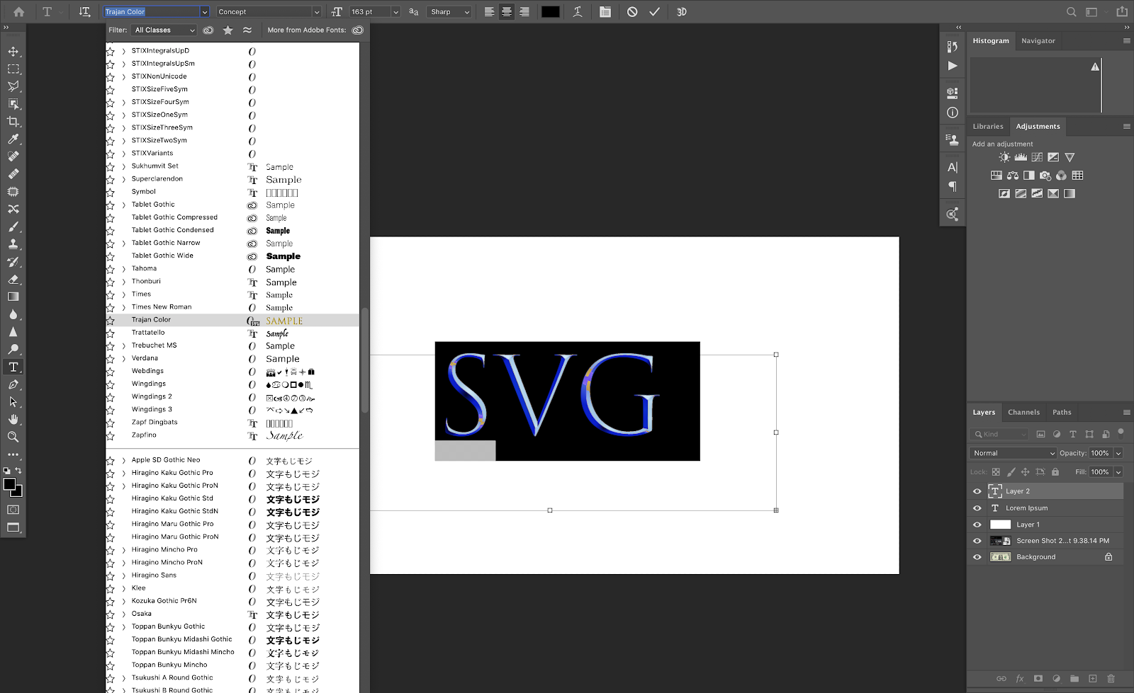 OpenType SVG Fonts Photoshop CC 2017