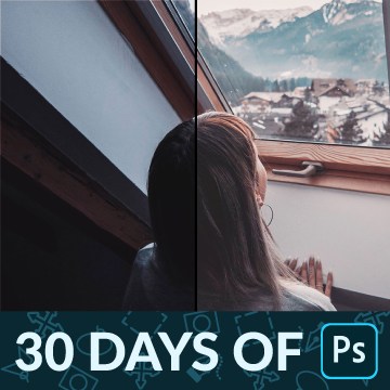 Before-and-after of a woman looking out a window at a snowy mountain village, dark on the left versus highlights and shadows blended with Blend If on the right, 30 Days of Photoshop Day 14
