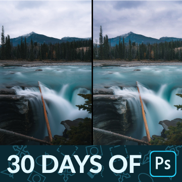 Before-and-after of a waterfall in a pine forest with mountains behind, flat on the left versus dodged and burned for more depth and contrast on the right, 30 Days of Photoshop Day 17