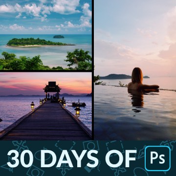 Collage of travel photos — a tropical island, a lantern-lit pier at sunset, and a woman relaxing in an infinity pool — built with Smart Objects, 30 Days of Photoshop Day 18