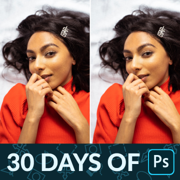 Before-and-after portrait of a woman with dark curly hair in an orange sweater, resting her chin on her hand, with a facial blemish removed on the right, 30 Days of Photoshop Day 23