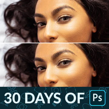 Close-up split of a woman's eye and eyebrow area, soft on the left versus non-destructively sharpened on the right, 30 Days of Photoshop Day 25