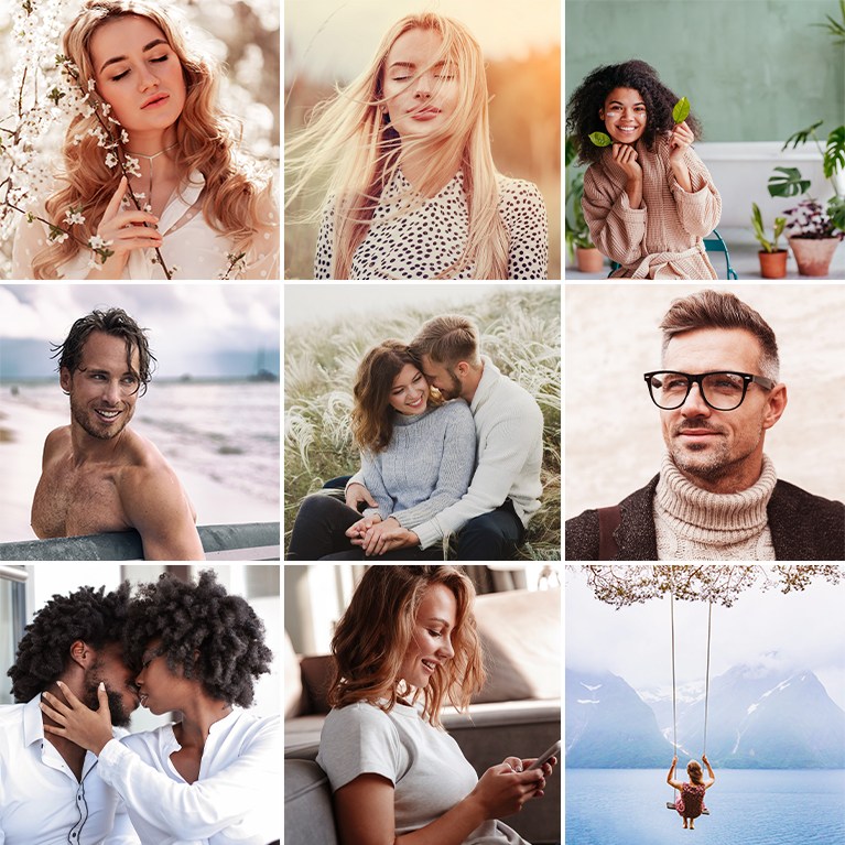 Nine-photo grid of moody portraits with warm muted color grading, including couples, a man in glasses, and a person on a swing over water, Moody Vibe LUTs sample thumbnail
