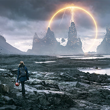 Fantasy landscape with tall rock spires, a glowing lightning ring in a stormy sky, and mist at the base with a small human figure for scale
