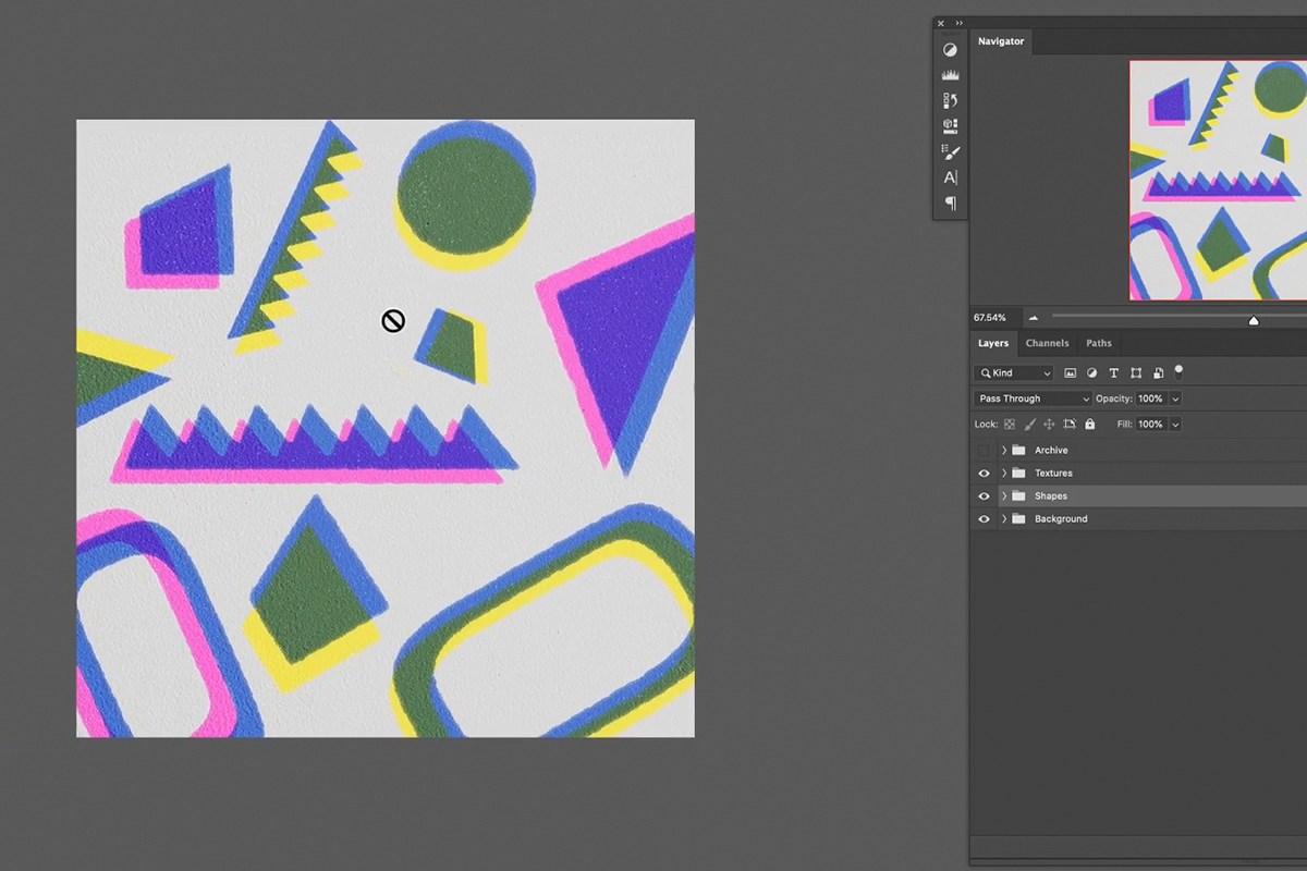 the layered risograph design open in Photoshop