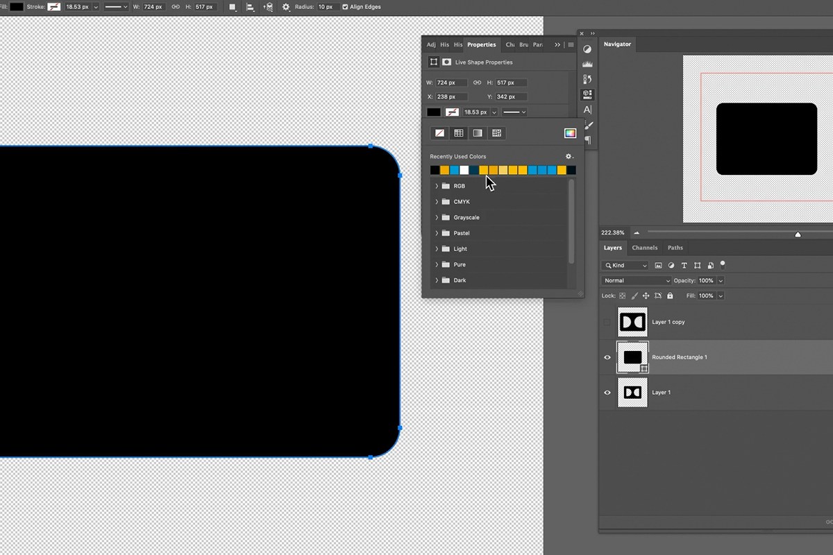 adjusting the corner radius handles on the rounded rectangle