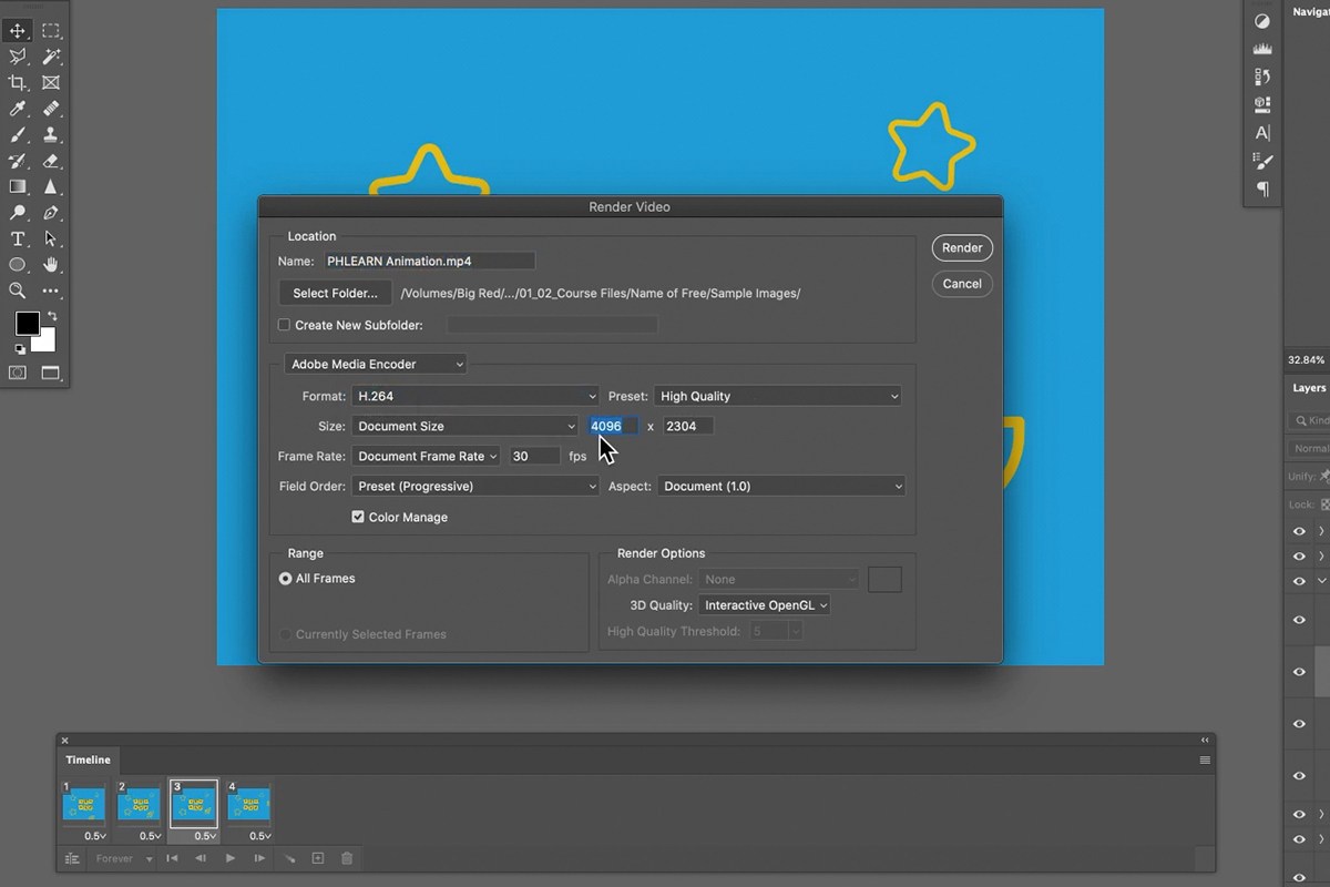 the Render Video dialog set to export H.264