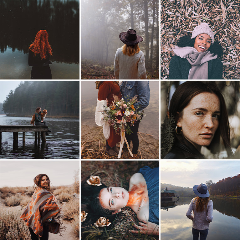 Nine-photo grid of autumn portraits with muted fall color grading, including a woman by a lake and a couple on a dock with a bouquet, Fall Tone LUTs sample thumbnail