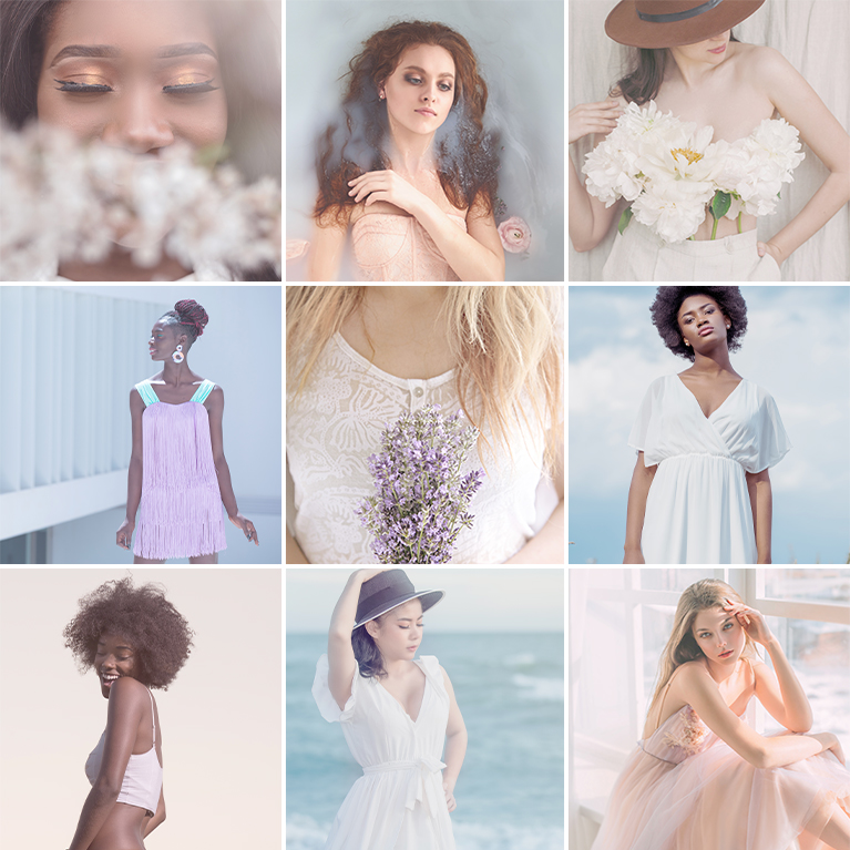 Nine-photo grid of women in white and pastel dresses with soft pastel color grading, Pastel Tone LUTs sample thumbnail