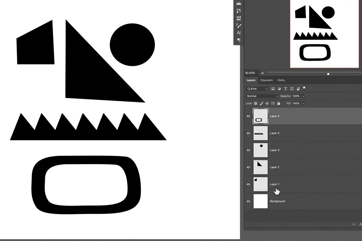 rough black shapes drawn on separate layers in Photoshop