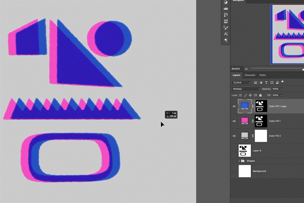 the composition with overlapping pink and blue shapes