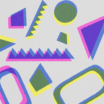 Colorful abstract geometric shapes with a grainy offset print texture in a 90s Risograph style, demonstrating how to create a 90s style print effect in Photoshop