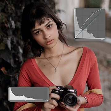 Portrait of a woman with a curves graph adjustment panel overlaid on the image, illustrating the difference between curves and levels in Photoshop