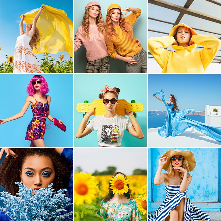Nine-photo grid of colorful vibrant portraits including a woman with blue flowers, a woman with sunflowers, and a woman in a striped dress, Bold and Vibrant LUTs sample thumbnail