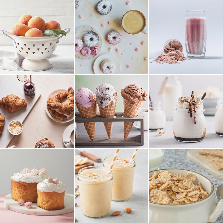 Nine-photo grid of bright food photography including fresh apricots, donuts, ice cream cones, and pastries on white backgrounds, Bright Food LUTs sample thumbnail