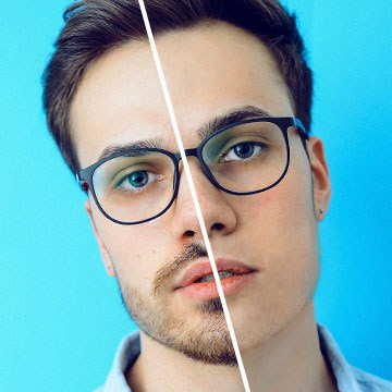 Before and after of a man's face showing facial hair removed on one half, demonstrating how to remove facial hair in Photoshop