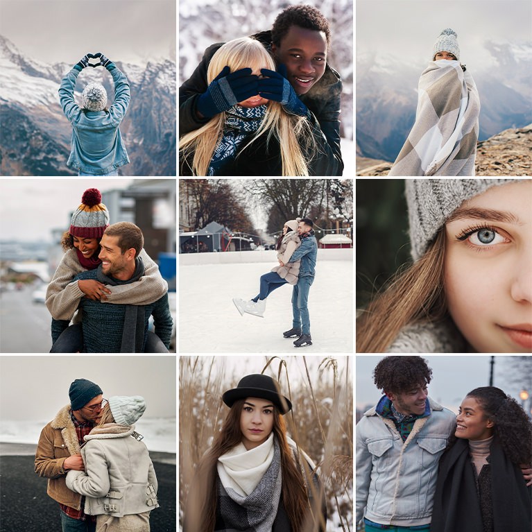 Nine-photo grid of winter portraits with cool blue color grading, including a woman making a heart shape in the snow and a couple embracing, Winter Tone LUTs sample thumbnail