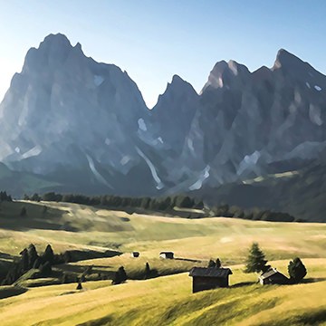 Mountain landscape with rolling hills and small cabins rendered as a painted artwork, demonstrating how to turn a photo into a painting in Photoshop