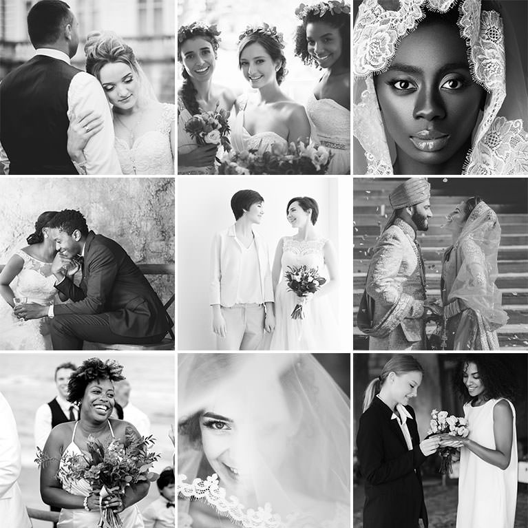 Nine-photo grid of black-and-white wedding portraits including a bride and groom, bridesmaids, and a close-up bridal portrait, Black and White Wedding LUTs sample thumbnail