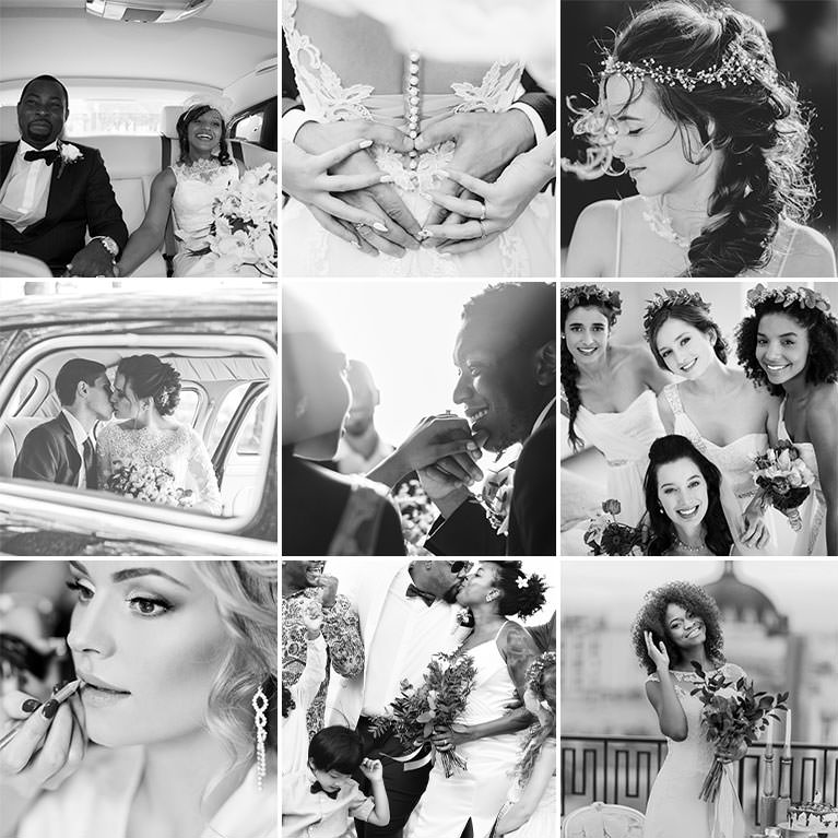 Nine-photo grid of black-and-white wedding photography including a bride and groom, rings, bridal party, and a couple in a car, Black and White Wedding Lightroom presets sample thumbnail