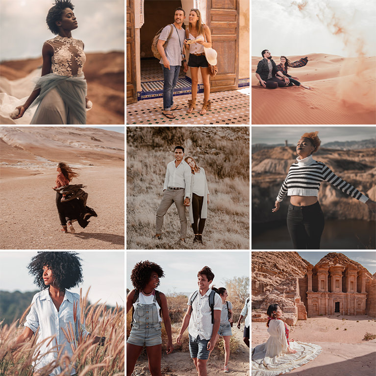 Nine-photo grid of desert and travel portraits with warm brown color grading, including couples and a woman running in sand dunes, Brown Daze Lightroom presets sample thumbnail