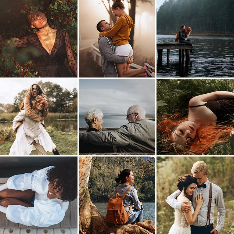 Nine-photo grid of moody desaturated portraits and couples outdoors, including a woman in autumn leaves and a couple by a lake, Film Noir LUTs sample thumbnail