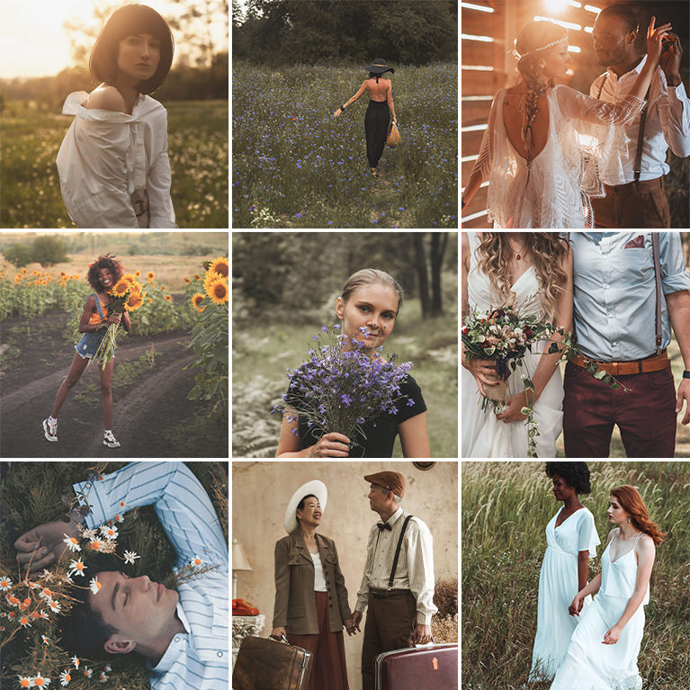 Nine-photo grid of rustic outdoor and floral portraits including a woman in sunflowers, a couple with wildflowers, and a vintage-styled couple with suitcases, Rustic Tone LUTs sample thumbnail