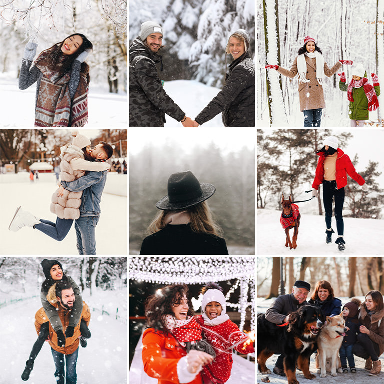 Nine-photo grid of winter portraits in the snow with cool blue color grading, including couples and dogs in snowy scenes, Snowy LUTs sample thumbnail